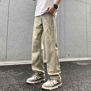 2025夏季拼接泥黄色破洞弹力修身薄款牛仔裤XZ503-1K828-P55控78,男装牛仔裤,星座503-1