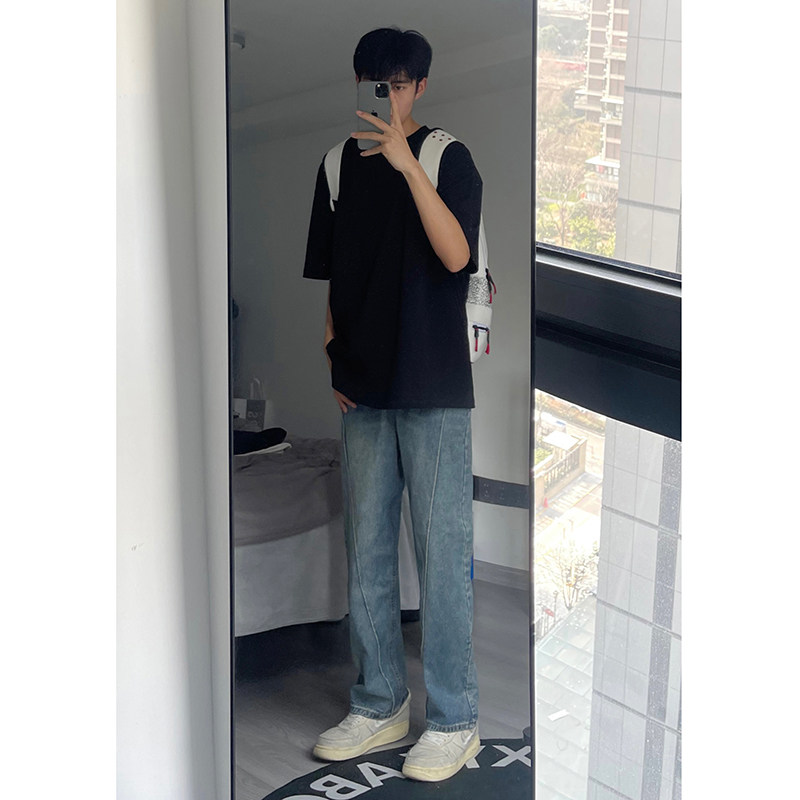 春秋季新款图美式男女款水洗复古牛仔长裤XZ503-1K808P55控78图片
