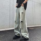 2024竹节纹牛仔男女款破洞纯色宽松直筒裤XZ503-1K826P60控88，男装休闲裤，星座503-1