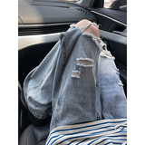 水洗膝盖破洞牛仔裤男潮牌痞帅美式高街vibe裤子设计感微喇乞丐裤，男装牛仔裤，星座503-1