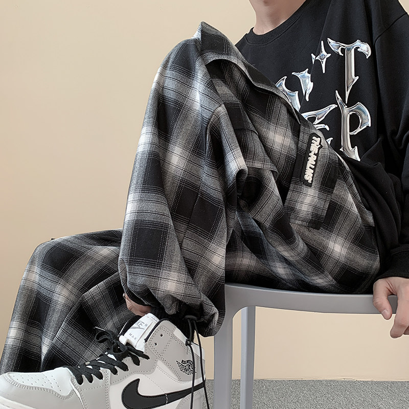 美式复古男女同款黑白格子直筒抽绳休闲裤加绒XZ503-1K5005P55-65图片