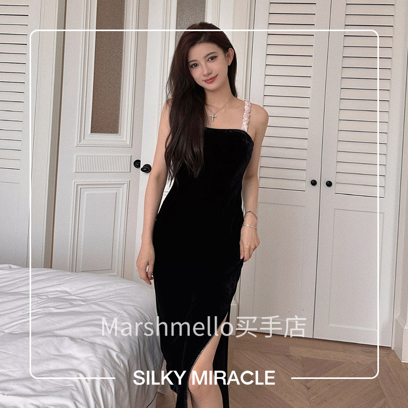 SILKY MIRACLE丝绒长睡裙RENAISSANCE系列丝绒拼真丝花边吊带睡裙