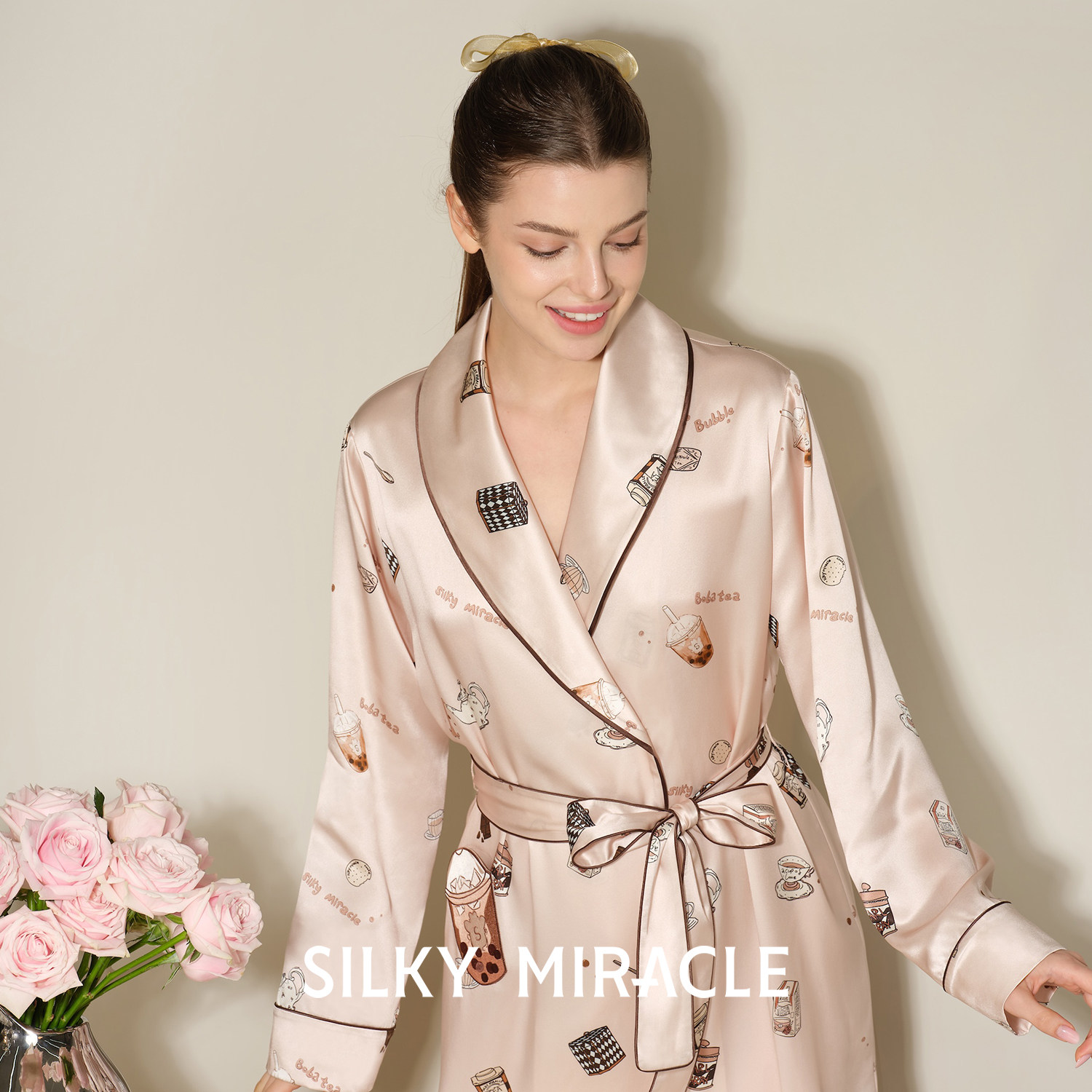 SILKY MIRACLE真丝睡袍Boba Tea桑蚕丝晨袍女士新款家居服正品