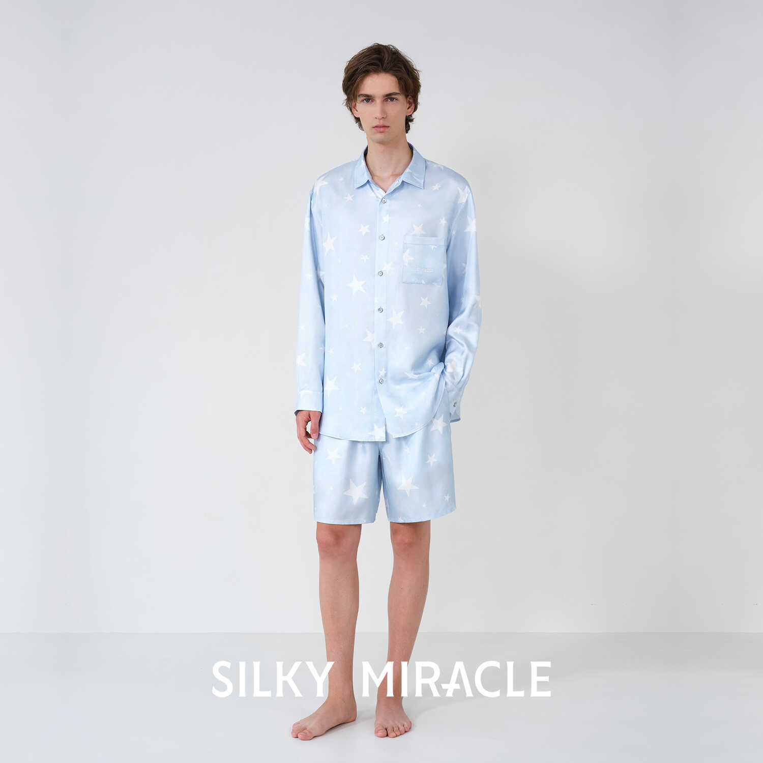 7折起SILKY MIRACLE真丝衬衫Cowboy星星印花男士桑蚕丝短裤可外