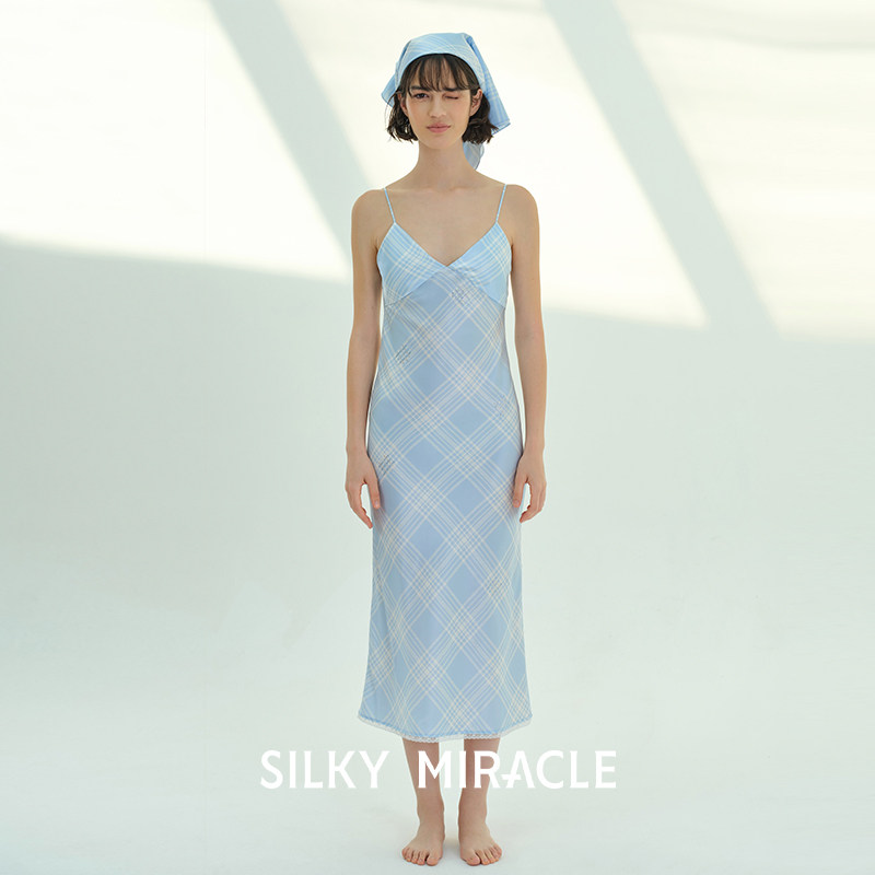 SILKY MIRACLE真丝睡裙FREE格纹桑蚕丝水钻吊带性感长裙新款正品