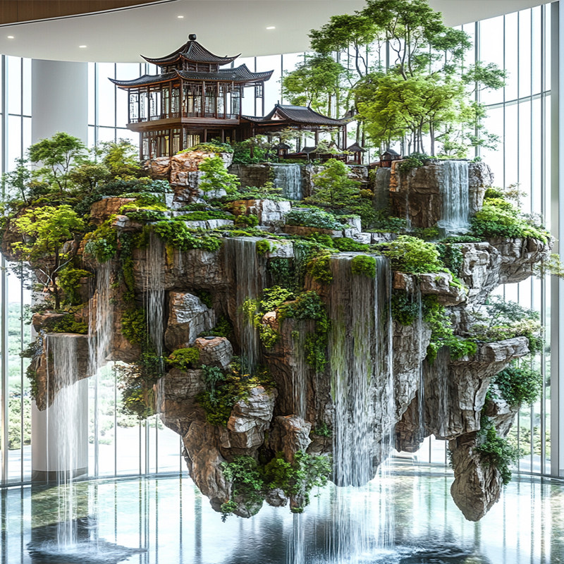 仿真大型悬挂流水假山财神殿景观造景室内商场酒店垂吊悬浮岛装置