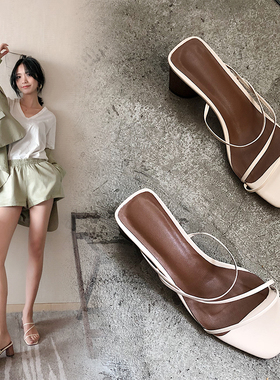 REJINA凉鞋细带罗马PYO复古拖鞋夏粗跟小众法式高中跟女一字带扣