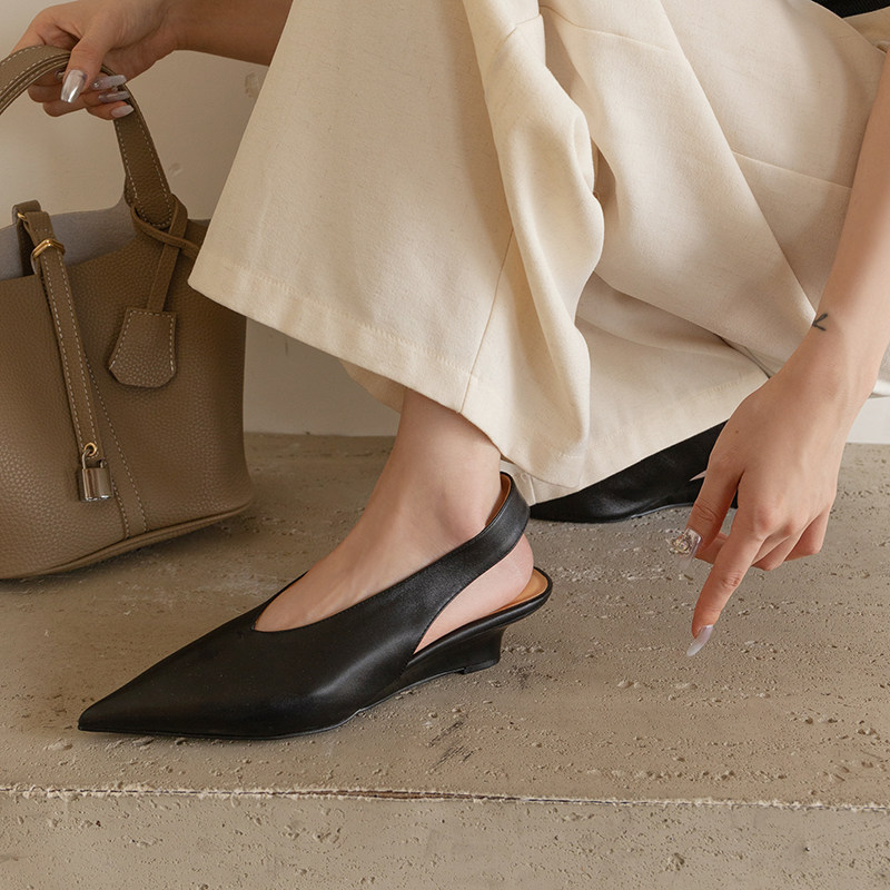 MSMESSA牛皮中跟凉鞋尖头坡跟老钱风优雅后绑带韩国简约真皮单鞋