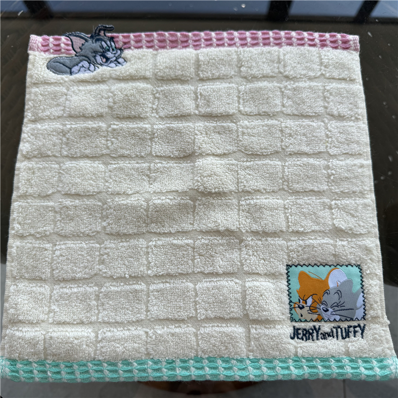 出口日本原单 猫和老鼠刺绣贴布纯棉柔软全棉舒适吸水 小方巾手帕