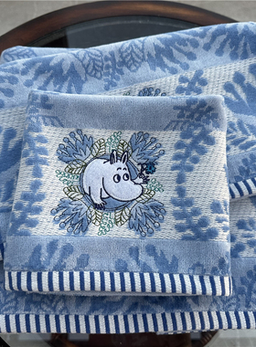 出口日本原单姆明刺绣卡通可爱蓝色舒适吸水可爱纯棉方巾毛巾浴巾