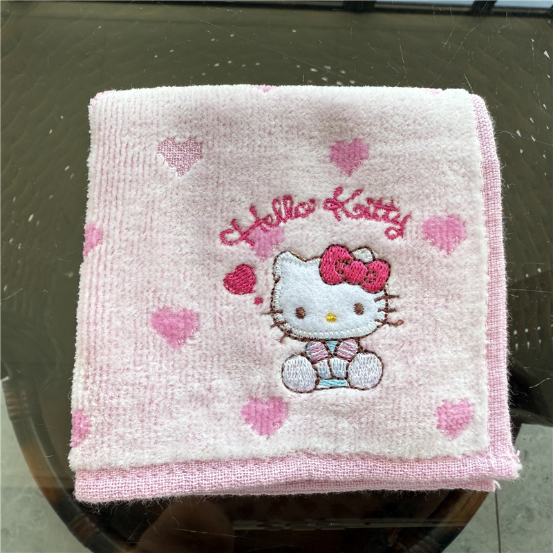 出口日本原单KT刺绣爱心粉色纯棉柔软全棉舒适吸水可爱小方巾手帕
