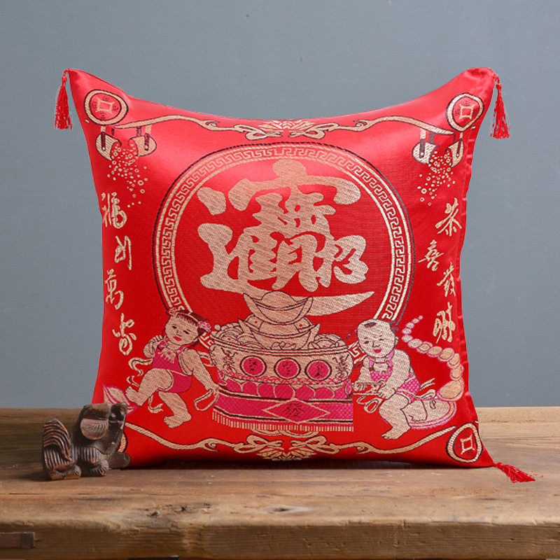 中式提花大红贡缎婚庆实木家具抱枕结婚喜庆流苏靠垫拜堂腰靠