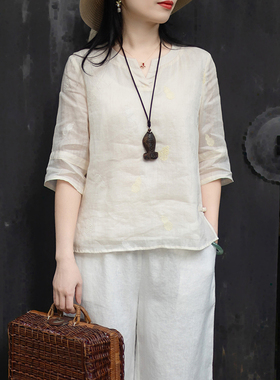 念江南气质松弛感新中式苎麻衬衫女交叠V领葫芦刺绣盘扣文艺上衣