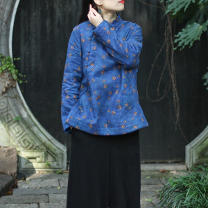 念江南棉麻文艺短款加厚复古摇粒绒茶服女装苎麻印花冬季上衣外套