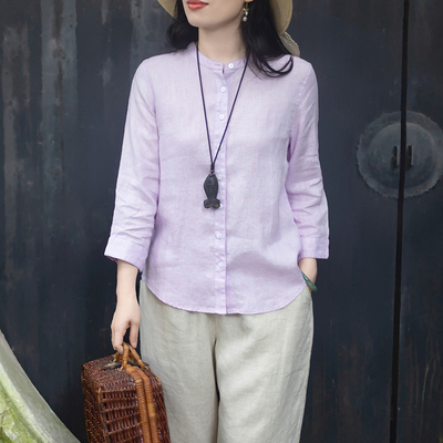文艺简约纯色立领百搭亚麻衬衫