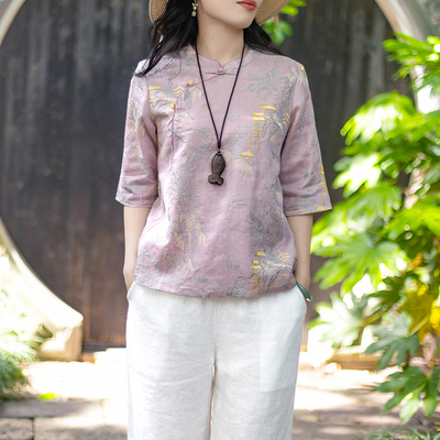 文艺国风刺绣苎麻五分袖立领衬衫