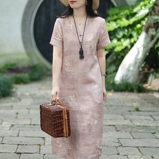 念江南温柔雅致竹叶印花苎麻V领盘扣短袖松弛显瘦新中式连衣裙女