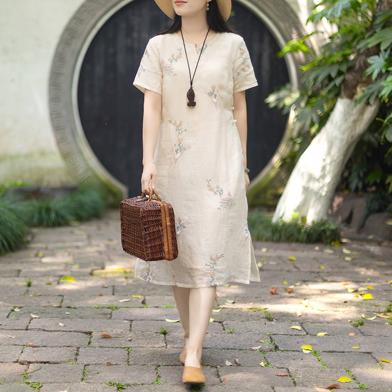 念江南原创设计新中式女装苎麻刺绣连衣裙夏宽松改良旗袍日常可穿