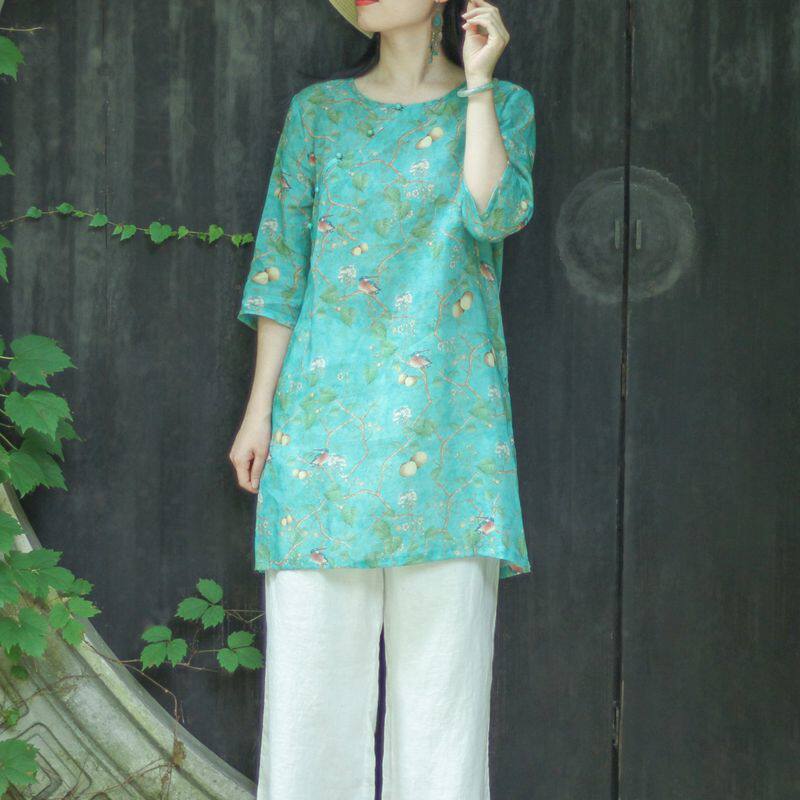 念江南高端苎麻印花盘扣茶服宽松女圆领禅意棉麻文艺中长款上衣