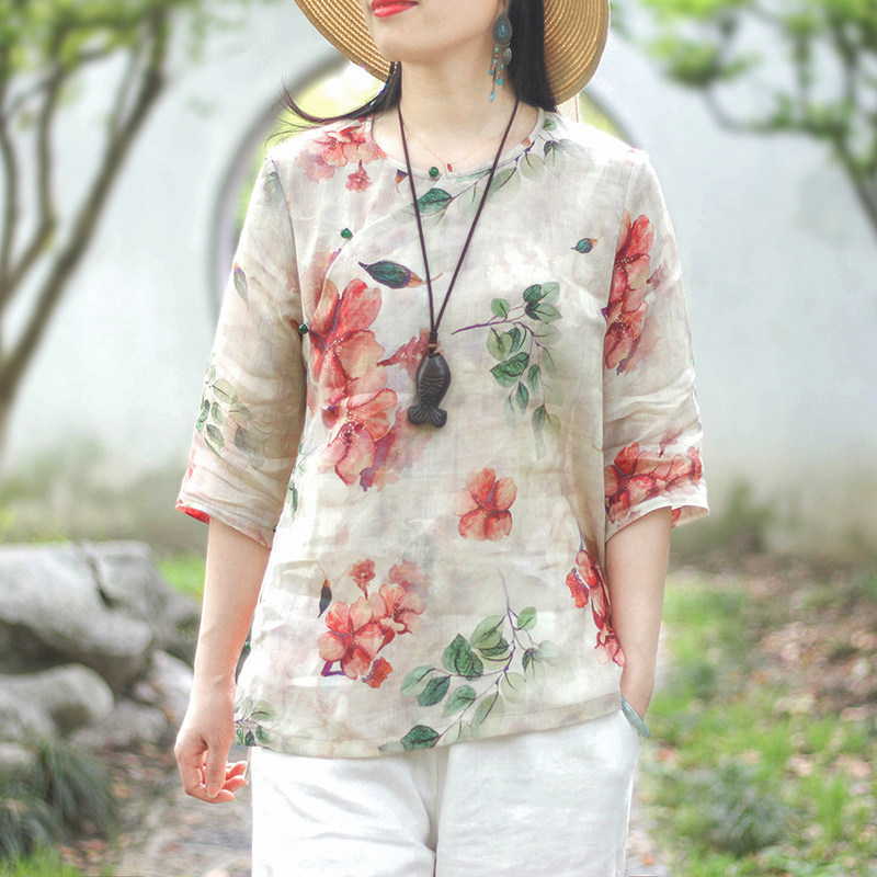 念江南中国风斜襟别致苎麻短款上衣女夏中袖女装棉麻宽松圆领t恤
