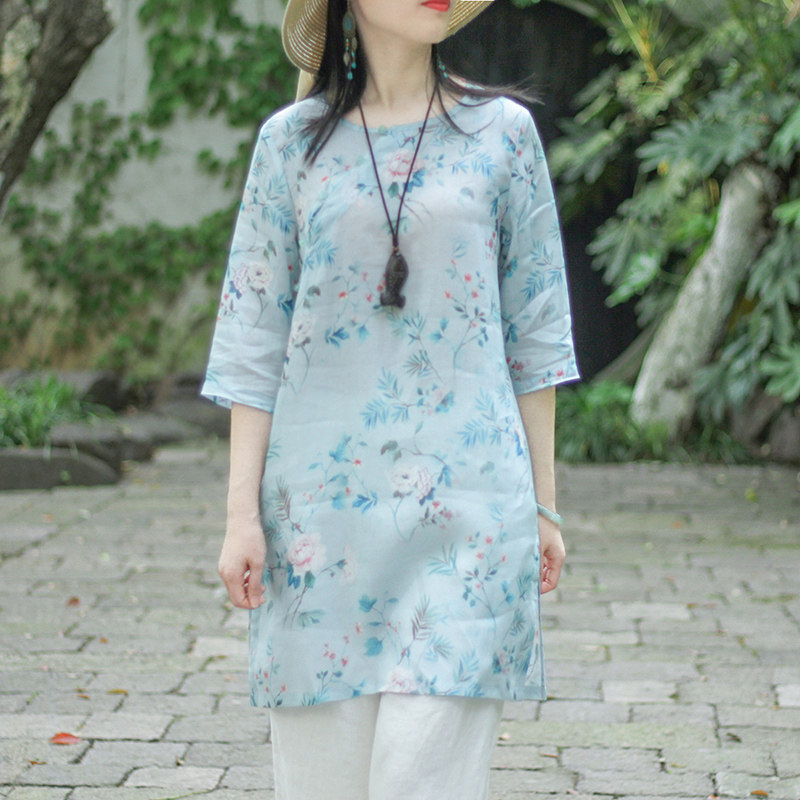 念江南棉麻复古中长款宽松上衣女印花珠扣禅意苎麻圆领五分袖茶服