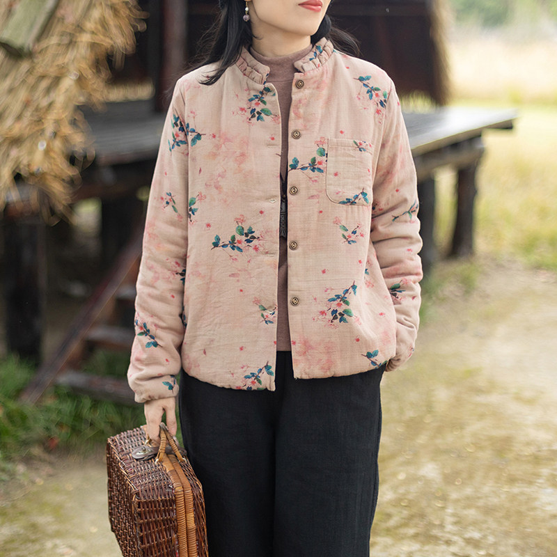 念江南文艺复古印花棉服女立领花边开衫羊毛内胆加厚保暖外套棉袄