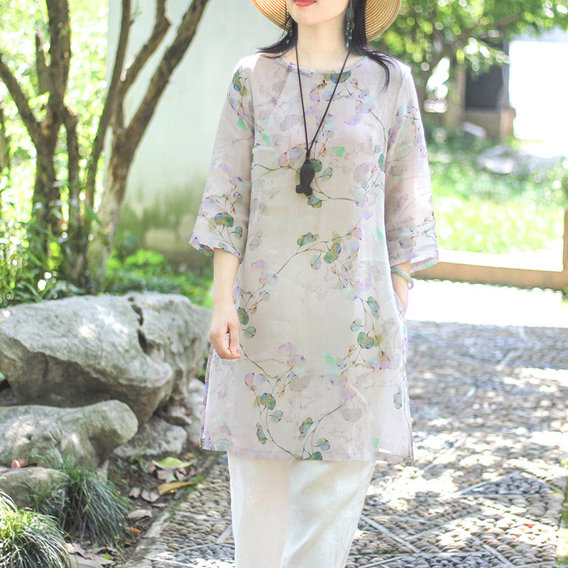 念江南原创苎麻薄款中国风复古宽松上衣女夏中长款禅意棉麻茶服