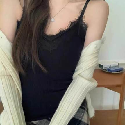 外能打底黑色蕾丝吊带背心加绒加厚无胸垫内搭设计短款打底衫美背