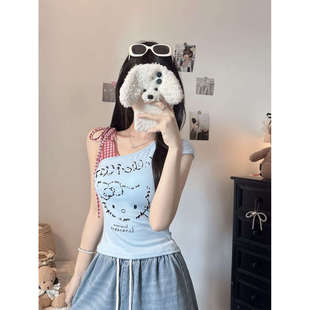 2025新款卡通kt猫印花独特拼接花格子系带修身显瘦一体式带有胸垫