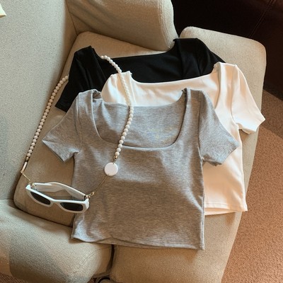 夏季新款方领正肩短袖T恤~自带胸垫防下垂紧身显腰线辣妹外穿内搭