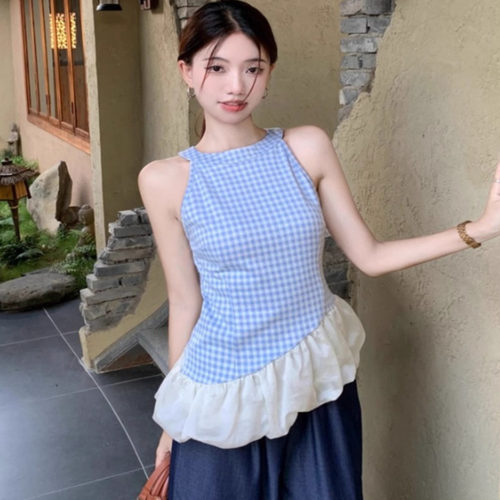 蓝色格子不规则拼接挂脖小吊带背心女夏季内外穿修身无袖衬衫上衣