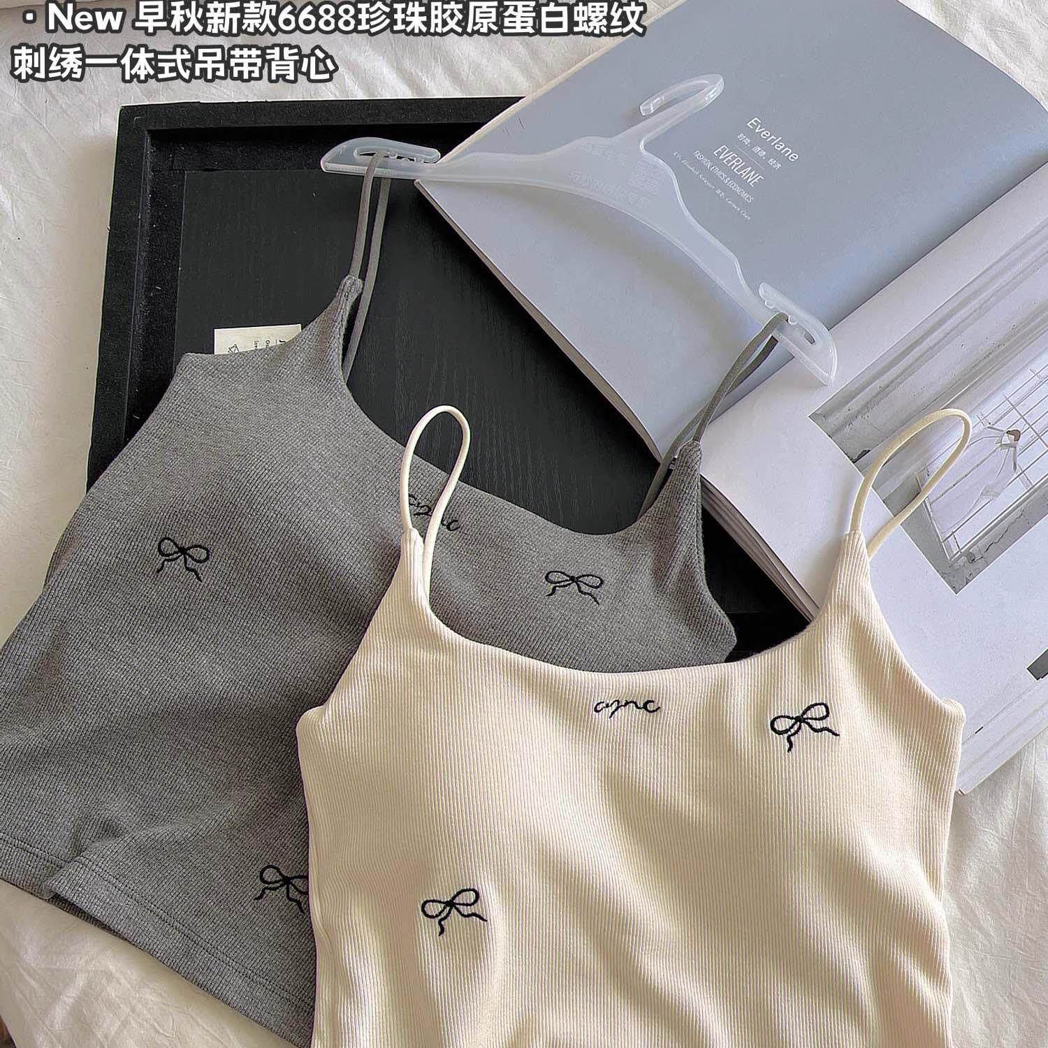 秋冬款女士小吊带背心带胸垫固定杯甜妹蝴蝶结印花元素潮外穿内搭