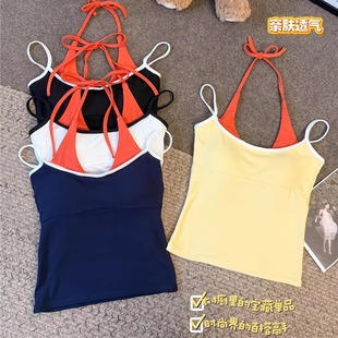 夏季 带胸垫上衣 甜美辣妹撞色假两件美背吊带背心女时尚 绝美一体式