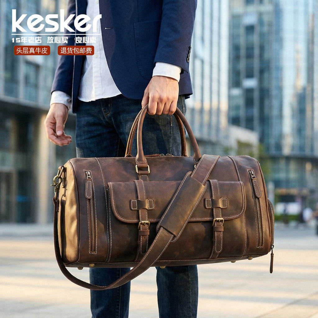 头层牛皮大容量58cm真皮疯马皮健身包出差斜挎包手提包行李旅行包