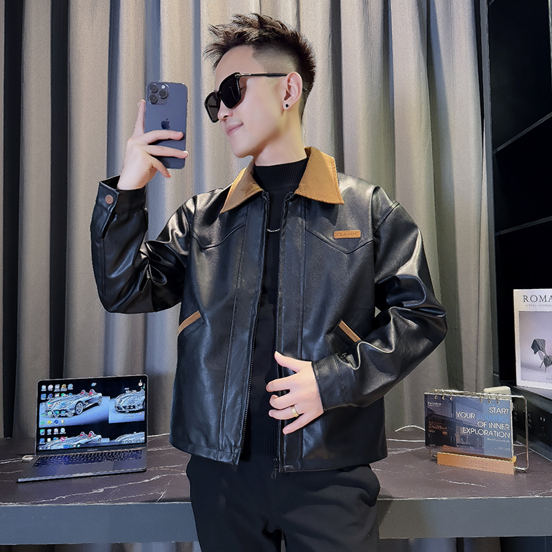 JK88016-P118控158韩版痞帅纯色个性拼接撞色翻领PU皮夹克外套B，男装夹克，星座308A