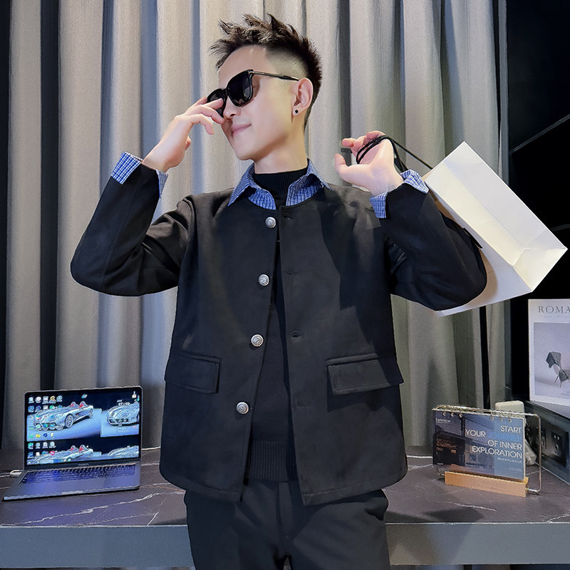 JK88005-P118控158韩版痞帅纯色个性拼接撞色翻领麂皮夹克外套B,男装夹克,星座308A