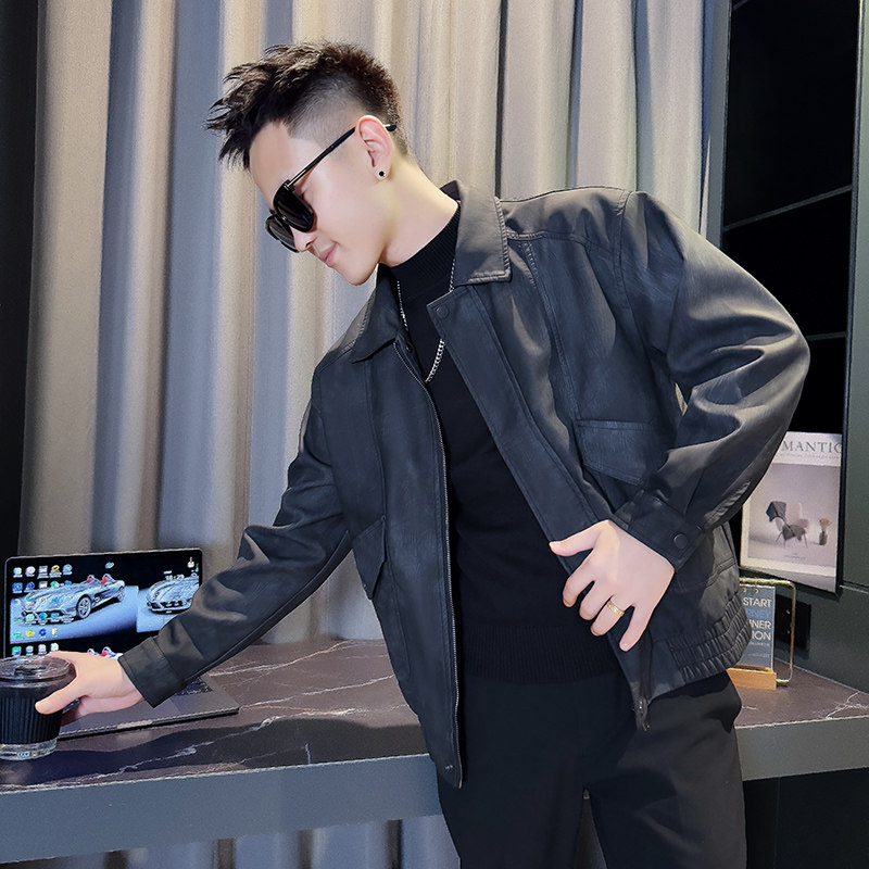 JK803-P125控165韩版翻领纯色水洗PU皮做旧工装夹克外套C,男装夹克,星座308A