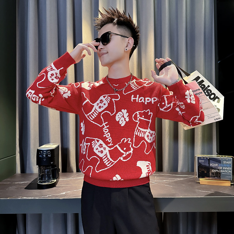 MY812-P68控9826年货大红色本命年福字马针织衫圆领打底衫毛衣A，男装T恤，星座308A