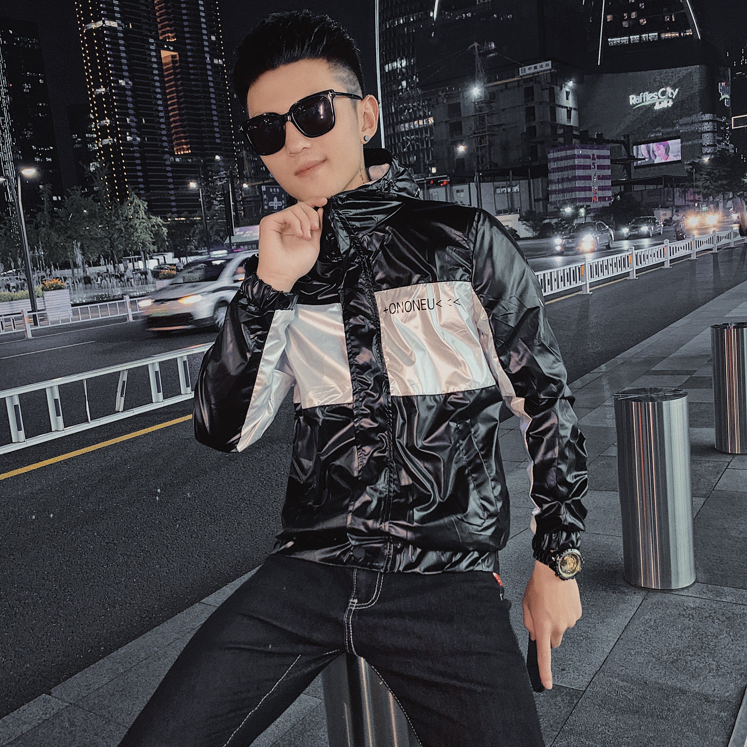 春款社会小伙修身拉链亮面夹克连帽拼接防风外套D89722,男装夹克,星座308A