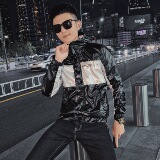 春款社会小伙修身拉链亮面夹克连帽拼接防风外套D89721，男装夹克，星座308A