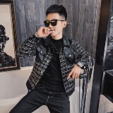 21春款社会小伙修身韩版拼接格子皮领夹克外套7JK113-P105控135，男装夹克，星座308A
