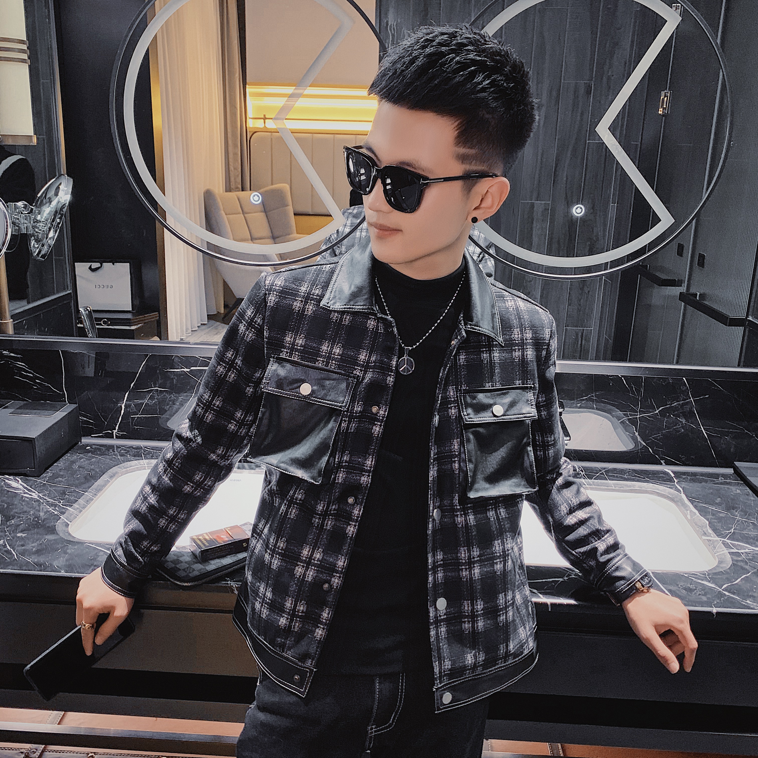 21春装社会精神小伙韩版修身格子翻领夹克外套2J，男装夹克，星座308A