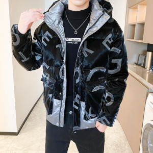 精品冬季亮面连帽字母拼色面包服羽绒服外套4Y8025