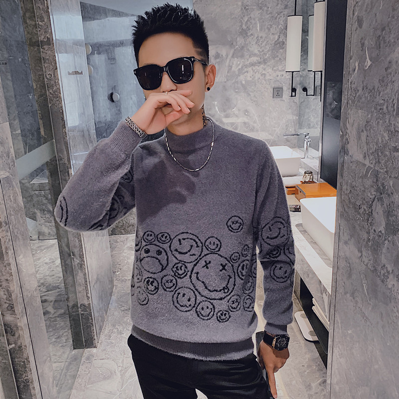 社会小伙潮流卡通笑脸貂绒加厚半高领毛衣打底衫 3 MY8696图片