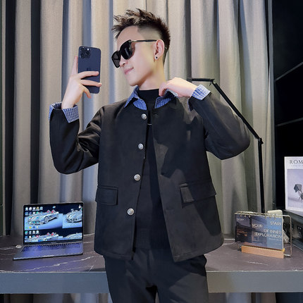 JK88005-P118控158  韩版痞帅纯色个性拼接撞色翻领麂皮夹克外套A