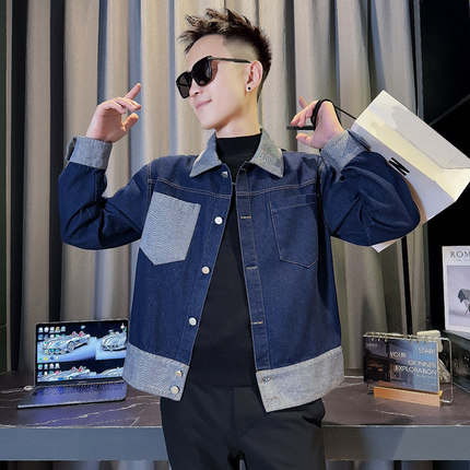 JK88011-P118控158韩版翻领纯色水洗牛仔布撞色拼接工装夹克外套A