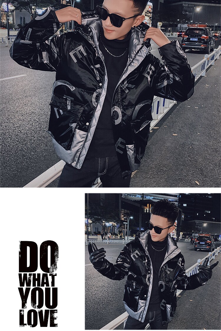 社会小伙亮面连帽面包服字母拼色羽绒服外套4Y8025-P195控255,男装羽绒服,星座308A
