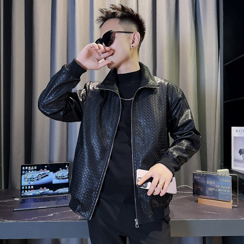 JK88029-P118控158韩版痞帅纯色个性立领编织文理PU皮夹克外套B,男装夹克,星座308A