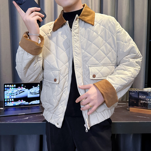 M88012-P135控175 韩版潮牌纯色菱形格翻领拼接加厚保暖棉衣外套A图片