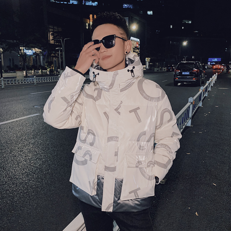 社会小伙亮面连帽面包服字母拼色羽绒服外套 4 Y8025-P195控255图片